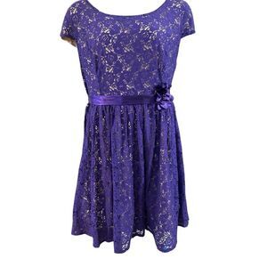 Pompous Girly Women's Purple Floral Lace Satin Tie Waist Fit & Flare Dress NWT